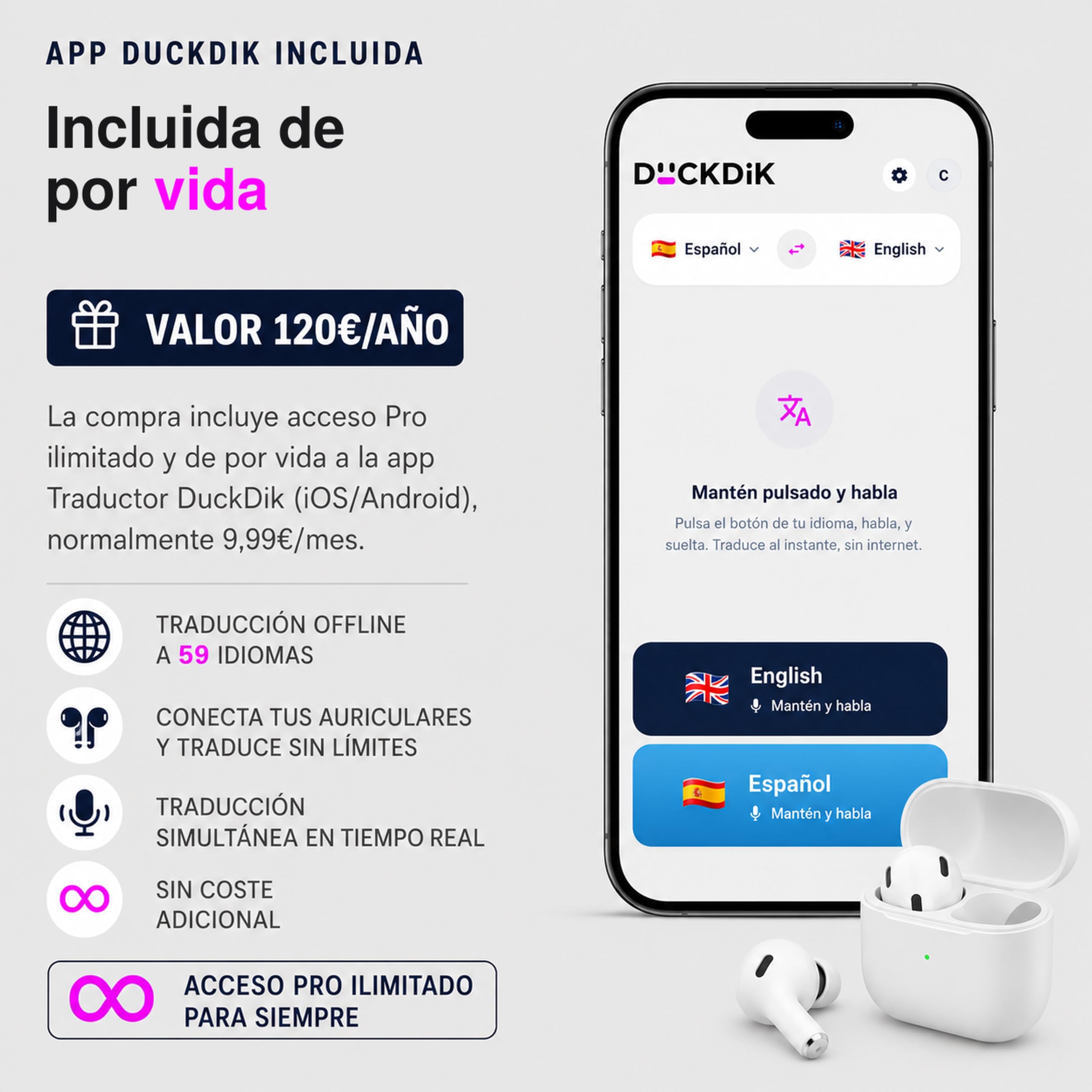 Indiana, Traductor de Idiomas Instantáneo de Voz 2025 + App Traducción Offline Incluida de por Vida (Valor 120€/año) — 142 Idiomas Online, 18 Offline + 59 en App, Pantalla Táctil HD, IA