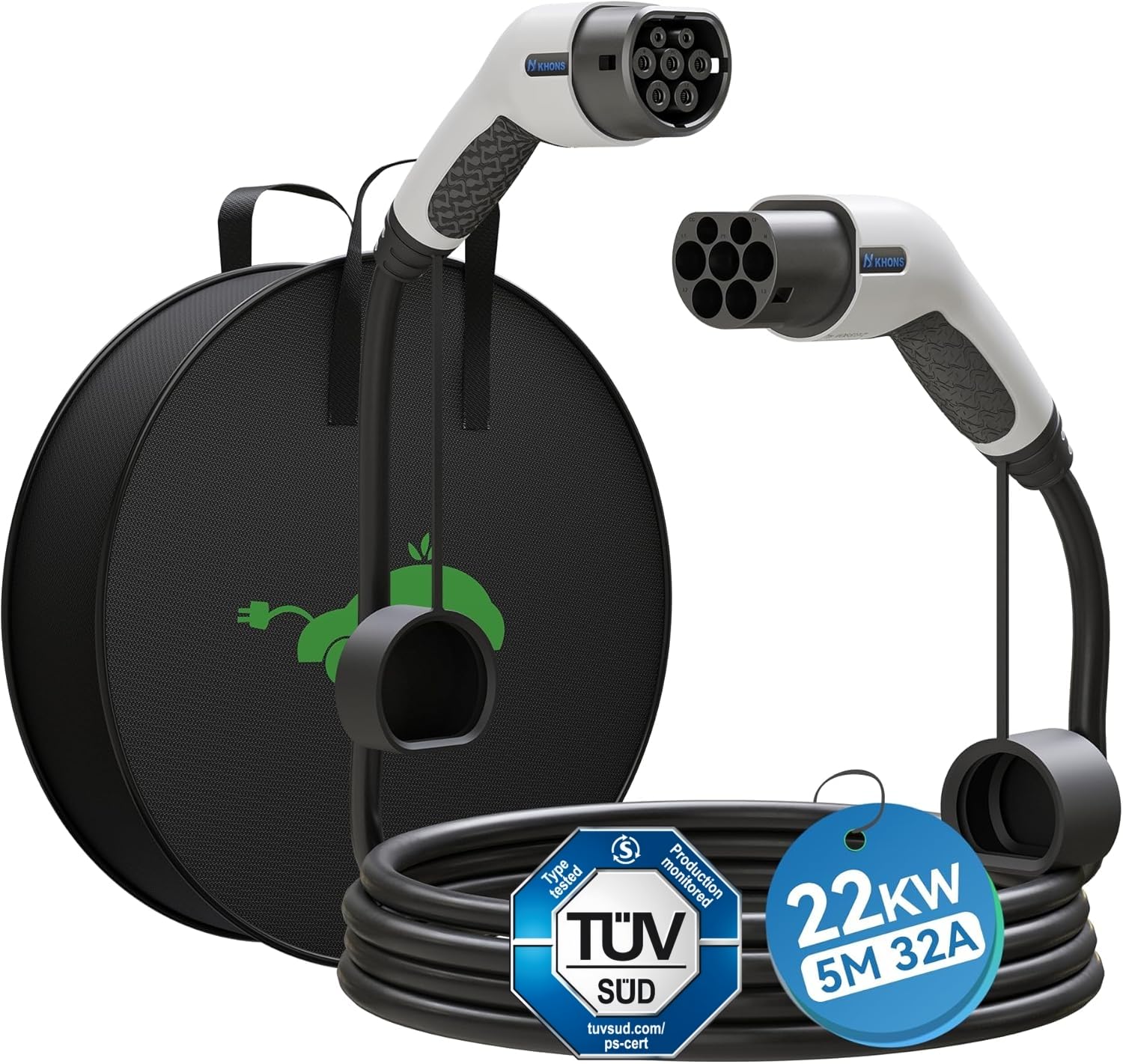 Type 2 Câble Recharge Voiture Electrique 32A 22KW Triphasé Mode 3 Cable Type 2 pour Voiture électrique/EV Hybride, Type 2 vers Type 2 EV Chargeur Cable Compatible avec Tous Les modèles Type 2 (Blanc)