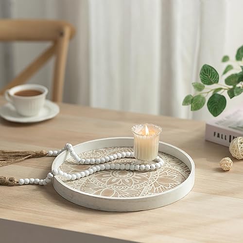 Miniatura 4 de Hanobe Bandeja decorativa de madera redonda bandeja de mesa de café rústica con guirnalda de cuentas de madera, decoración de bandeja de granja,