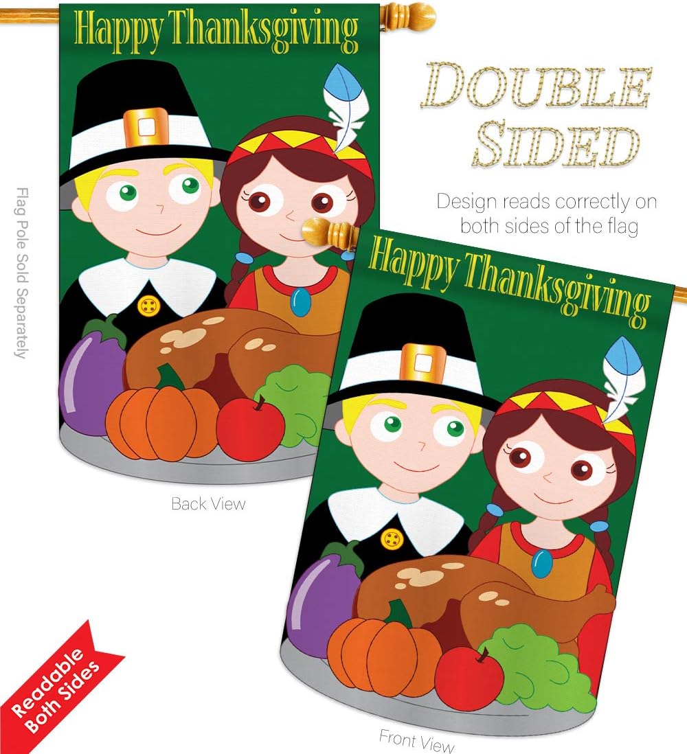 Two Group HS113033-P2 Thanksgiving Fall Applique Decorative Vertical 28" x 44" Double Sided House Flag Set Pole Bracket Hardware