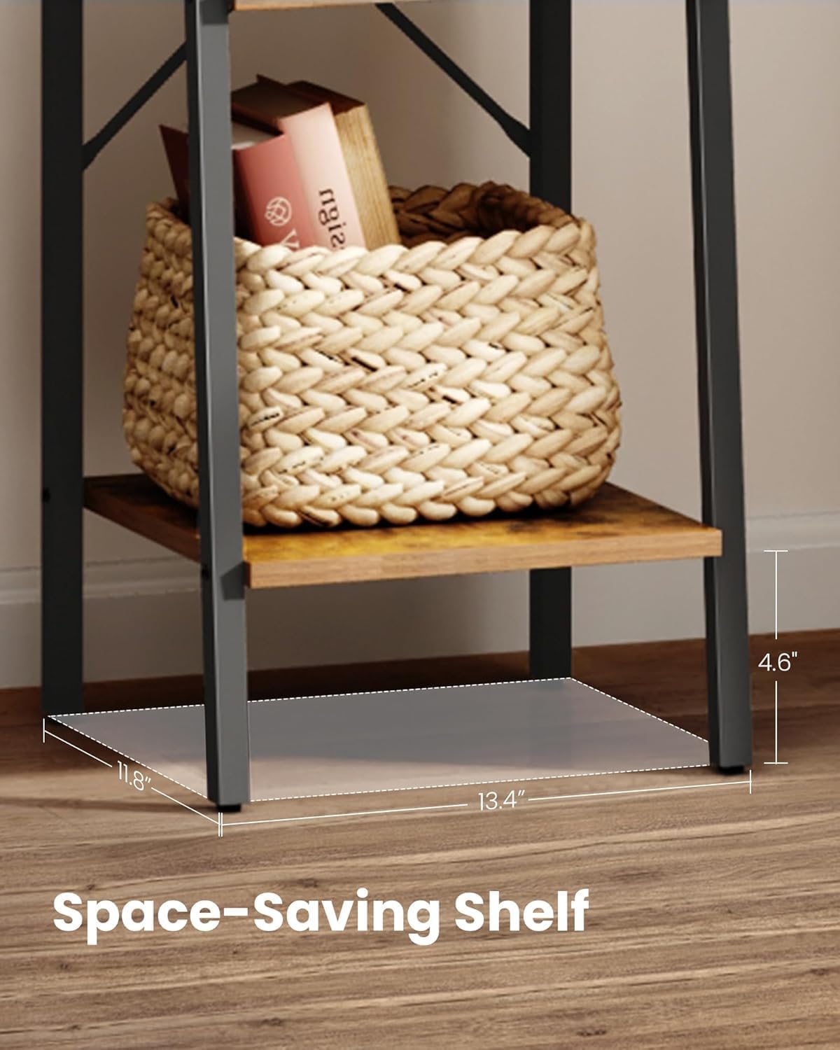 Ladder Shelf, Bookshelf Bookcase, Freestanding Corner Storage Shelve with 2 Hooks for Home Office, Living Room, Kitchen, Bedroom, Industrial, 11.8" D x 13.4" W x 63" H, Rustic Brown BC03201B - Image 8