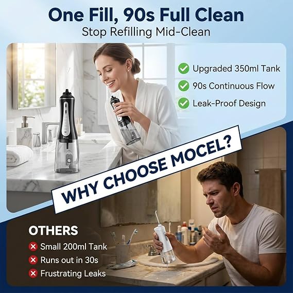 MOCEL Water Dental Flosser Oral Irrigator with 5 Modes, 350ml Cordless Water Teeth Cleaner Pick 6 Tips, IPX7 Waterproof Rechargeable Portable Powerful Battery for Travel & Home Braces & Bridges Care