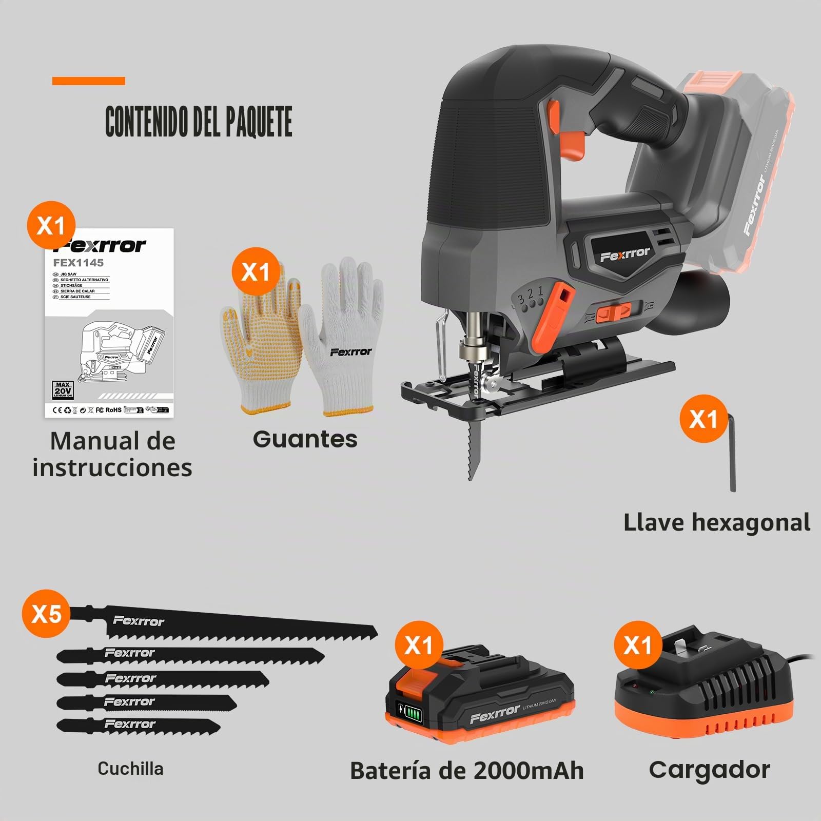Sierra de Calar Bateria, Caladoras Para Madera, 4 Posiciones Orbitales, ángulo de Corte De ±45°, Extracción de Polvo, Sierra Calar Eléctrica Con 5 Hojas Para Cotar Metal, Madera y Plástico