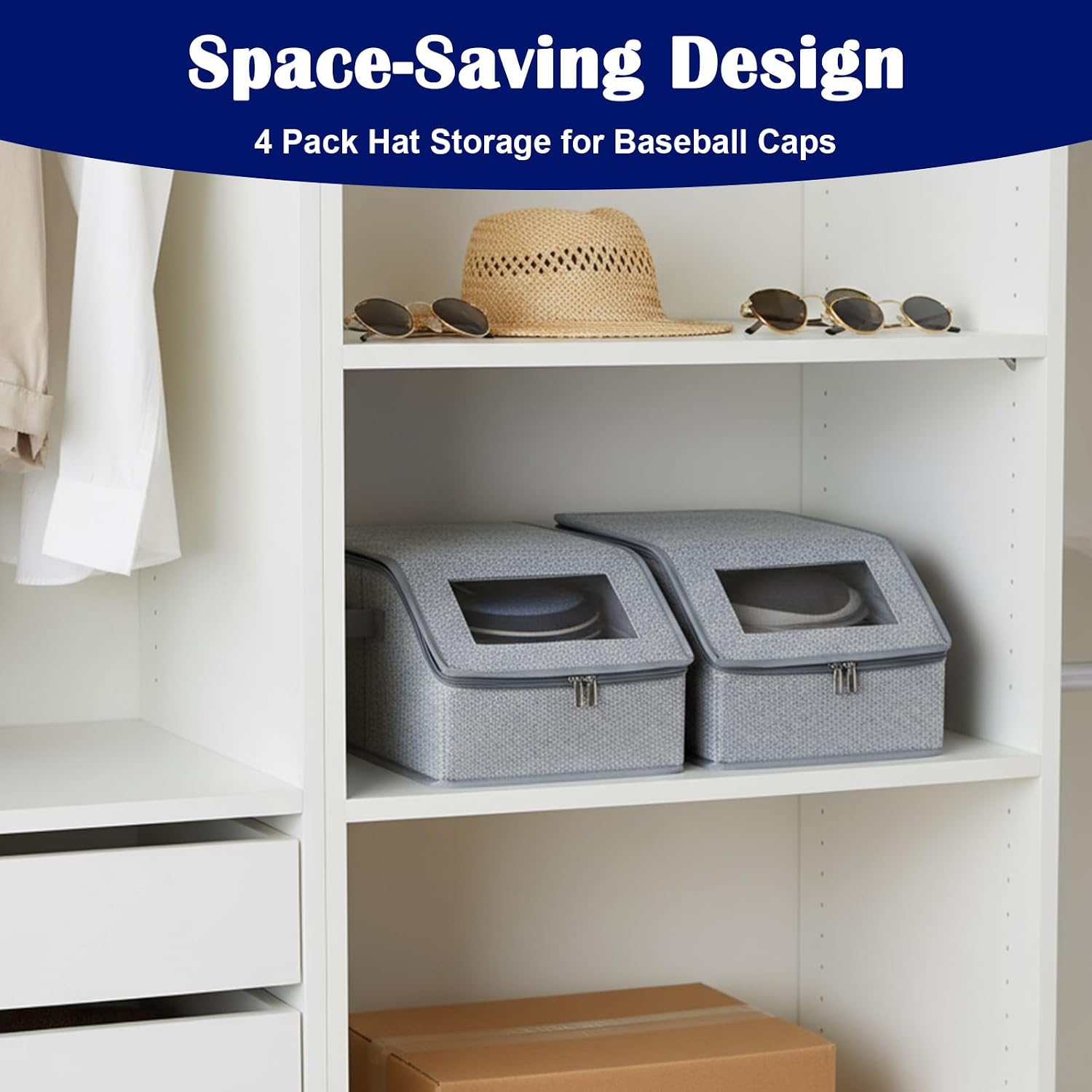 Kifmurase 4Pcs Stackable Hat Storage for Baseball Caps, Hat Storage Boxes for Closet, Clear Hats Organizer Boxes with Cardboard, Holds up to 48 Caps, Baseball Cap Organizer (Slate Grey)