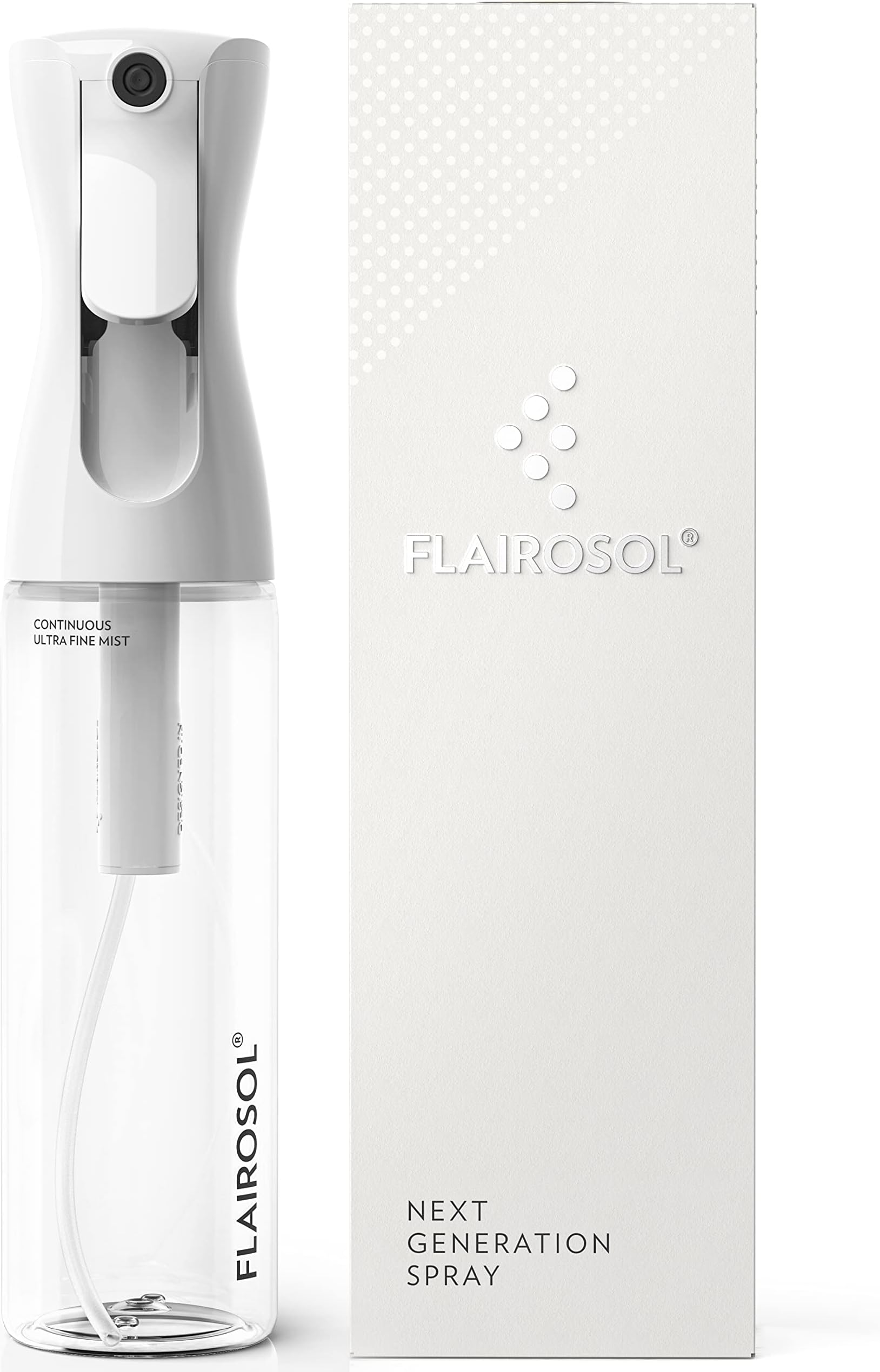 FLAIROSOL - The Original, Spray Bottle for Hair, Plants & More, Continuous Mister, Ultra Fine Water Mist, Trusted by Professional Salons & Barbers, 10.1oz, Clear Bottle, Black Print