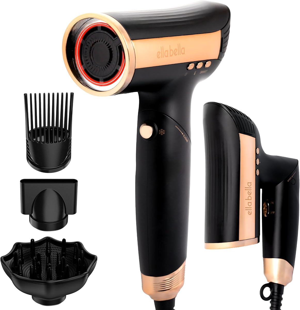 Secador de pelo plegable por infrarrojos, motor sin escobillas, voltaje dual | Motor profesional sin escobillas para un secado rápido y salud del cuero cabelludo. Secador de viaje con tecnología de sensor de calor inteligente