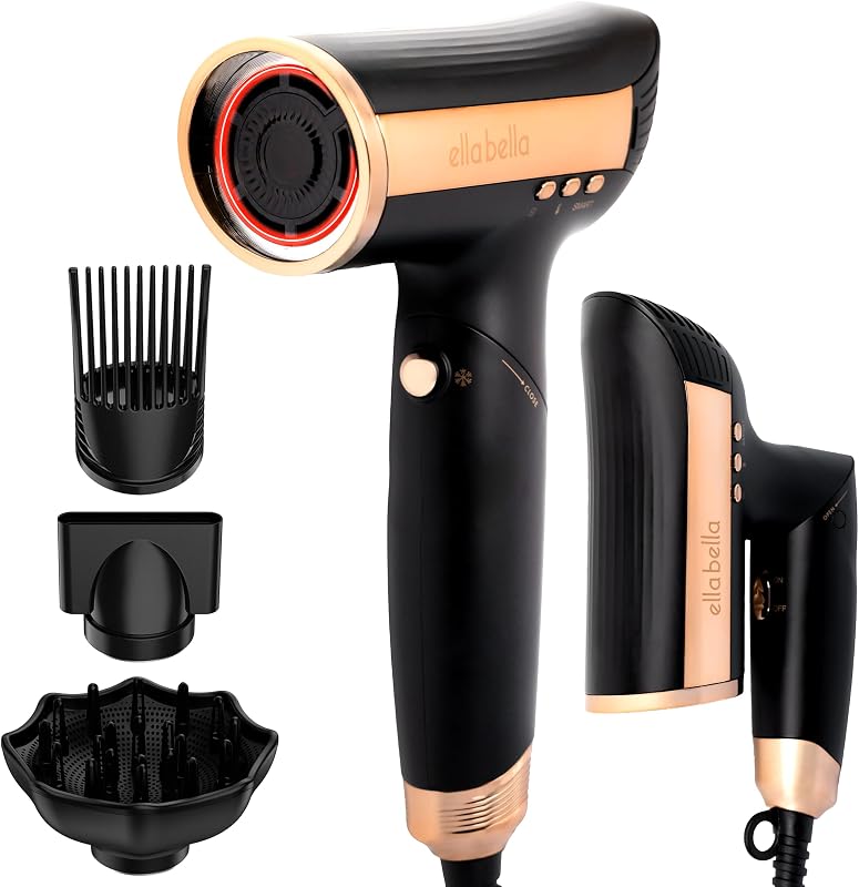 Secador de pelo plegable por infrarrojos, motor sin escobillas, voltaje dual | Motor profesional sin escobillas para un secado rápido y salud del cuero cabelludo. Secador de viaje con tecnología de sensor de calor inteligente