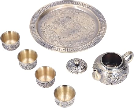 Tea Pot, Exquisite Metal Vintage Moroccan Tea Set with 4 Cups Plate, Luxurious Relief Pattern, for Gift Table Decoration
