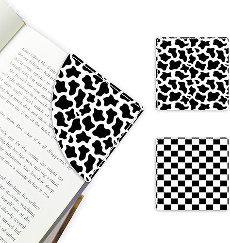2 Pack Black and White Checkered&Cow Leather Book Corner Bookmark, Durable Handm