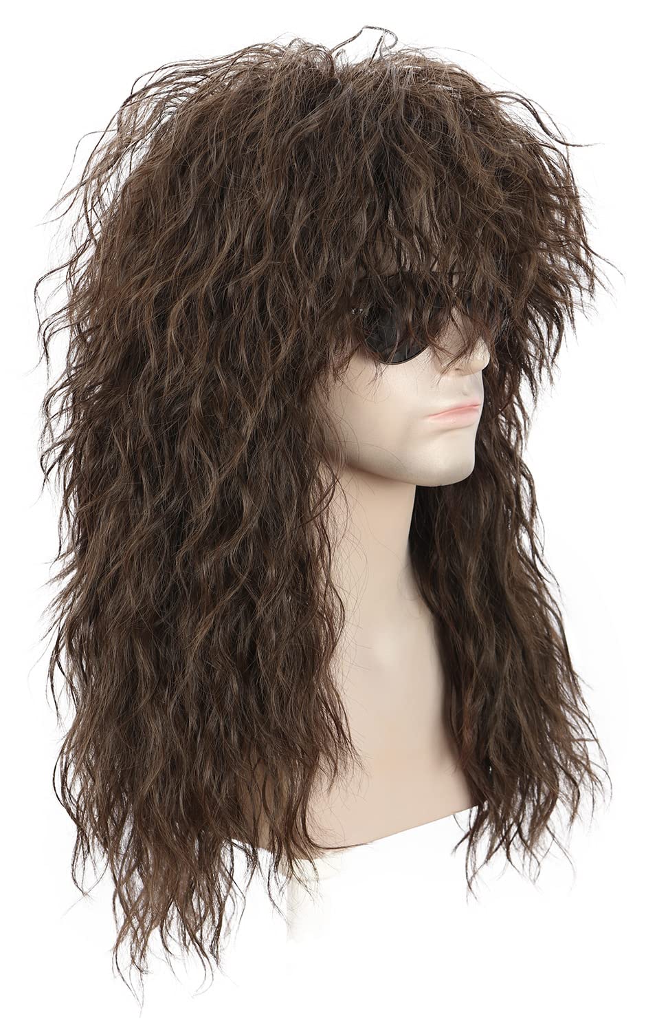 Karlery Perruque Mulet Longue Bouclée Marron pour Hommes Perruque de Rocker Punk des Années 70 et 80 pour Carnaval Halloween Cosplay Déguisement Party