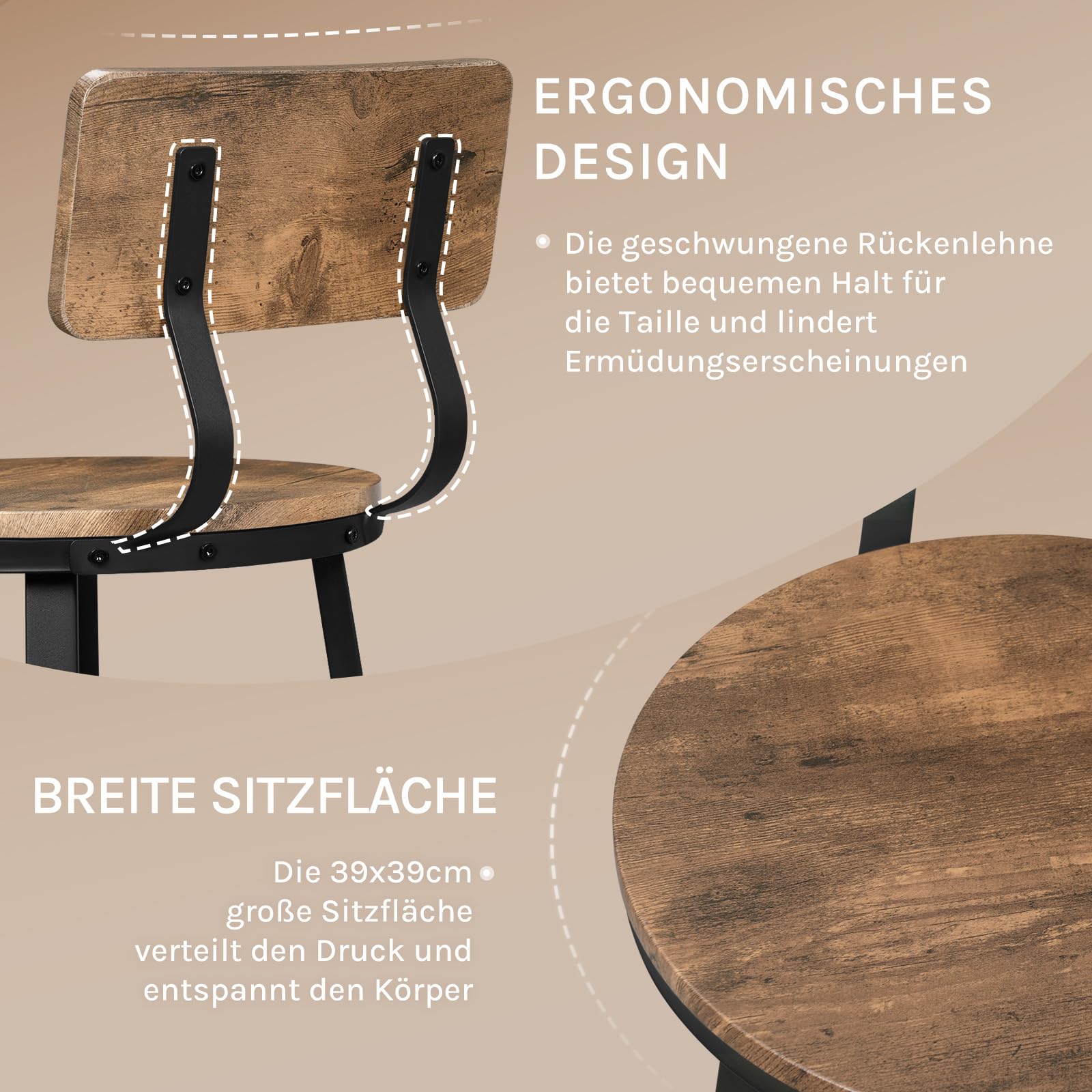 WOLTU Barhocker 2er Set, Barstuhl mit Rückenlehne, Industriestil, Braun