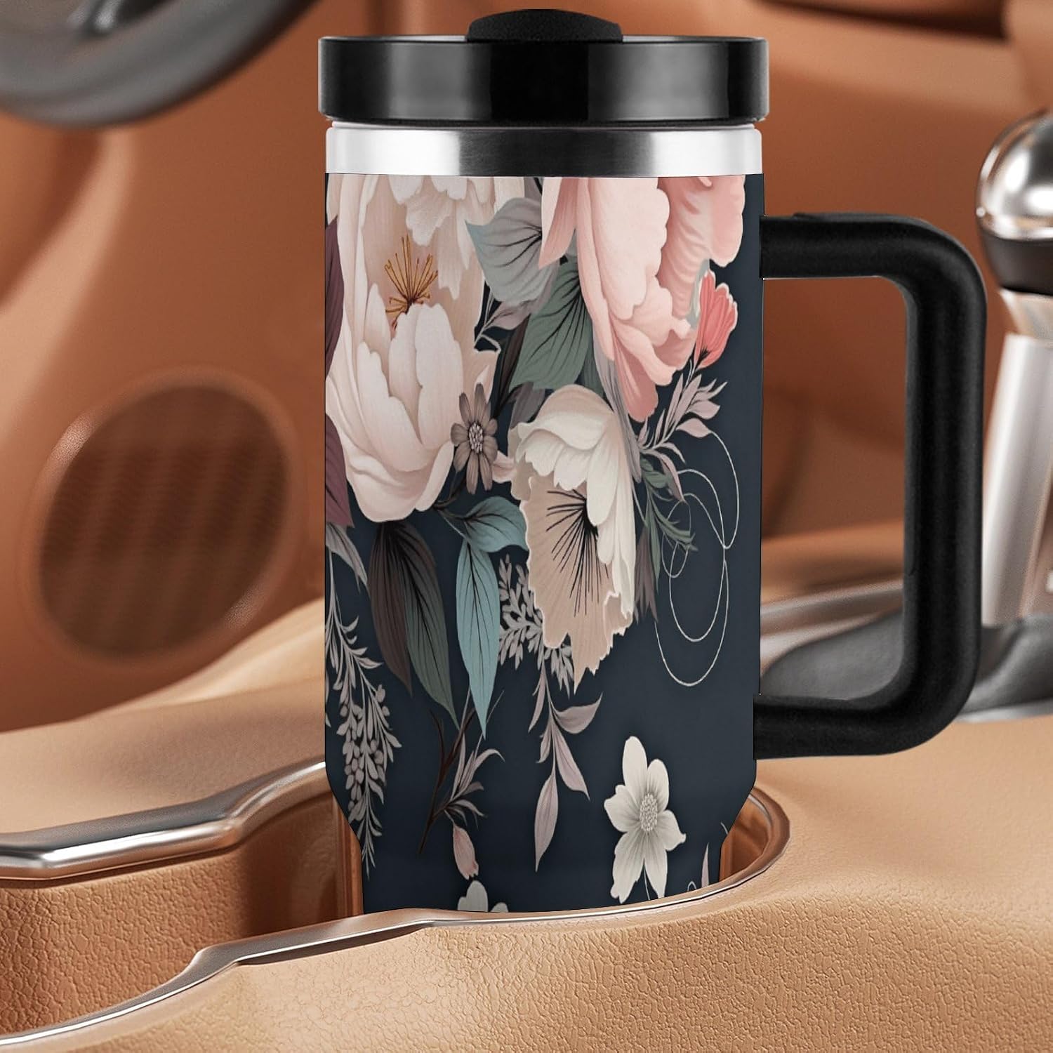 Elegant Floral Tumbler 40 Oz With Straw Lid, Stainless Steel Insulated Travel Coffee Mug Leak-Proof Large Capacity Car Cup For Hot/Cold Drink, Handle & Cupholder Compatible