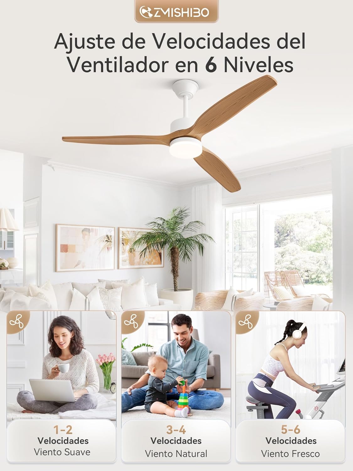 Three panels illustrating the 6-speed settings of the ZMISHIBO ceiling fan: gentle breeze (speeds 1-2), natural wind (speeds 3-4), and fresh wind (speeds 5-6), with corresponding lifestyle images.