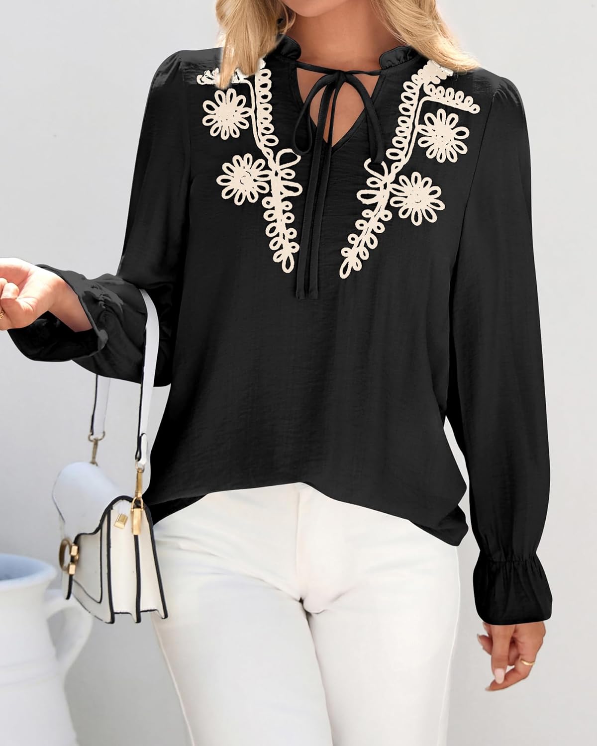 BTFBM Womens Tops Dressy Casual Fall 2025 Boho V Neck Ruffle Long Sleeve Shirts Floral Embroidered Work Business Blouses - Image 7