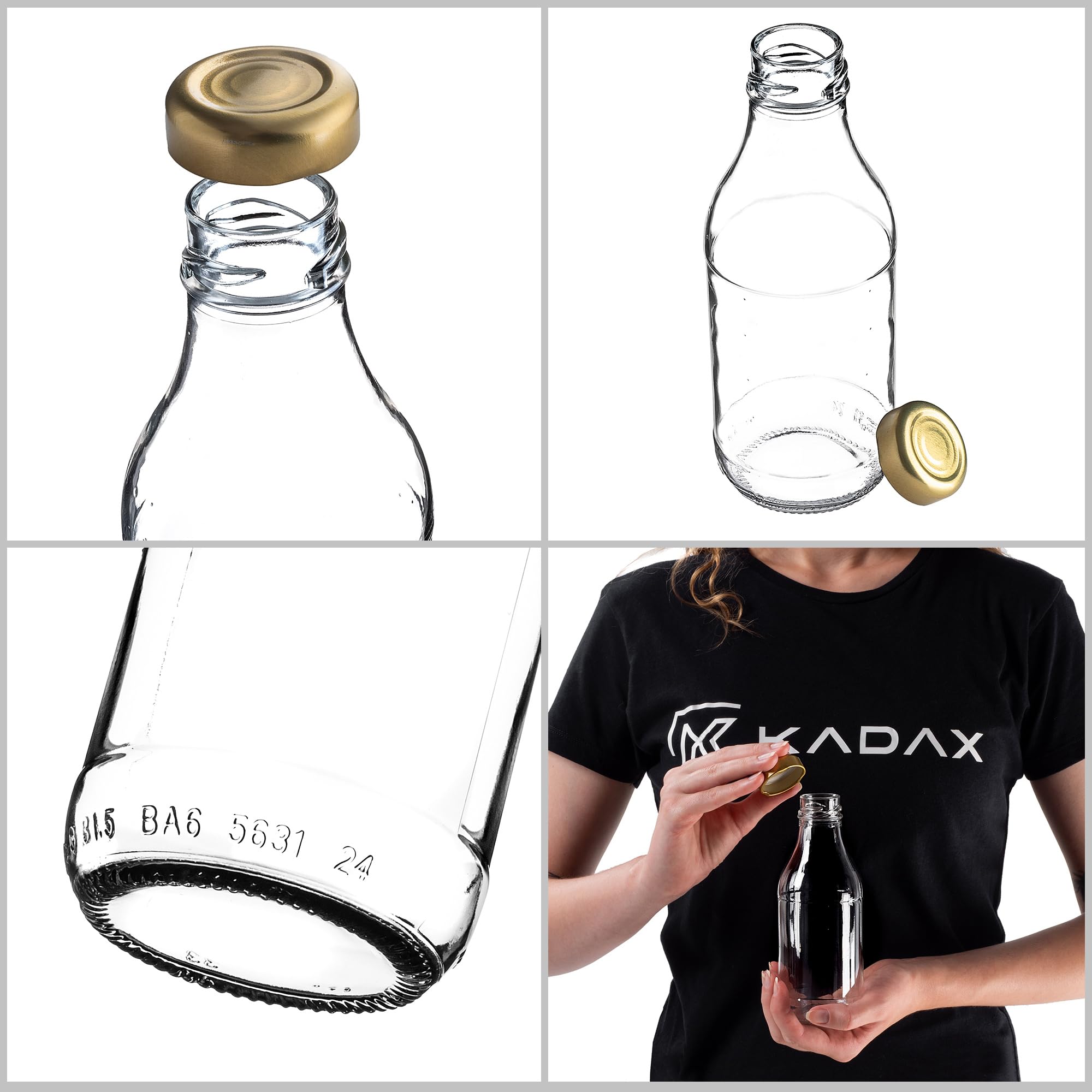 KADAX Botellas de cristal vacías de 0,33 l con tapón de rosca, juego de 8/16/24 unidades, botellas pequeñas para llenar leche, zumo y batidos (24 unidades)