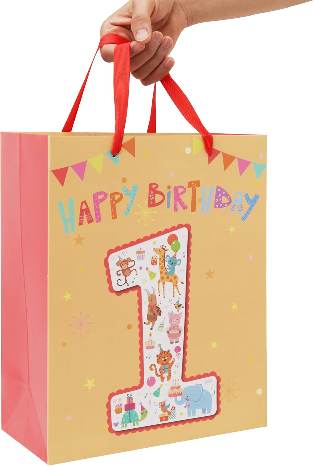 Qirrmiy 13'' Large Baby Boy Girl Gift Bag Set with Handles, Greeting Card, Tissue Papers and Stickers for Baby Boy Girl Kids for Baby Shower, 1st Birthday Party, Birthday Party, Animals Design, 1 Pcs - Image 6