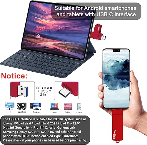 Miniatura 2 de Unidad flash USB C de 64 GB 3.0 con puerto tipo C y tipo A, almacenamiento y respaldo de unidades de pulgar USB C para teléfonos inteligentes con