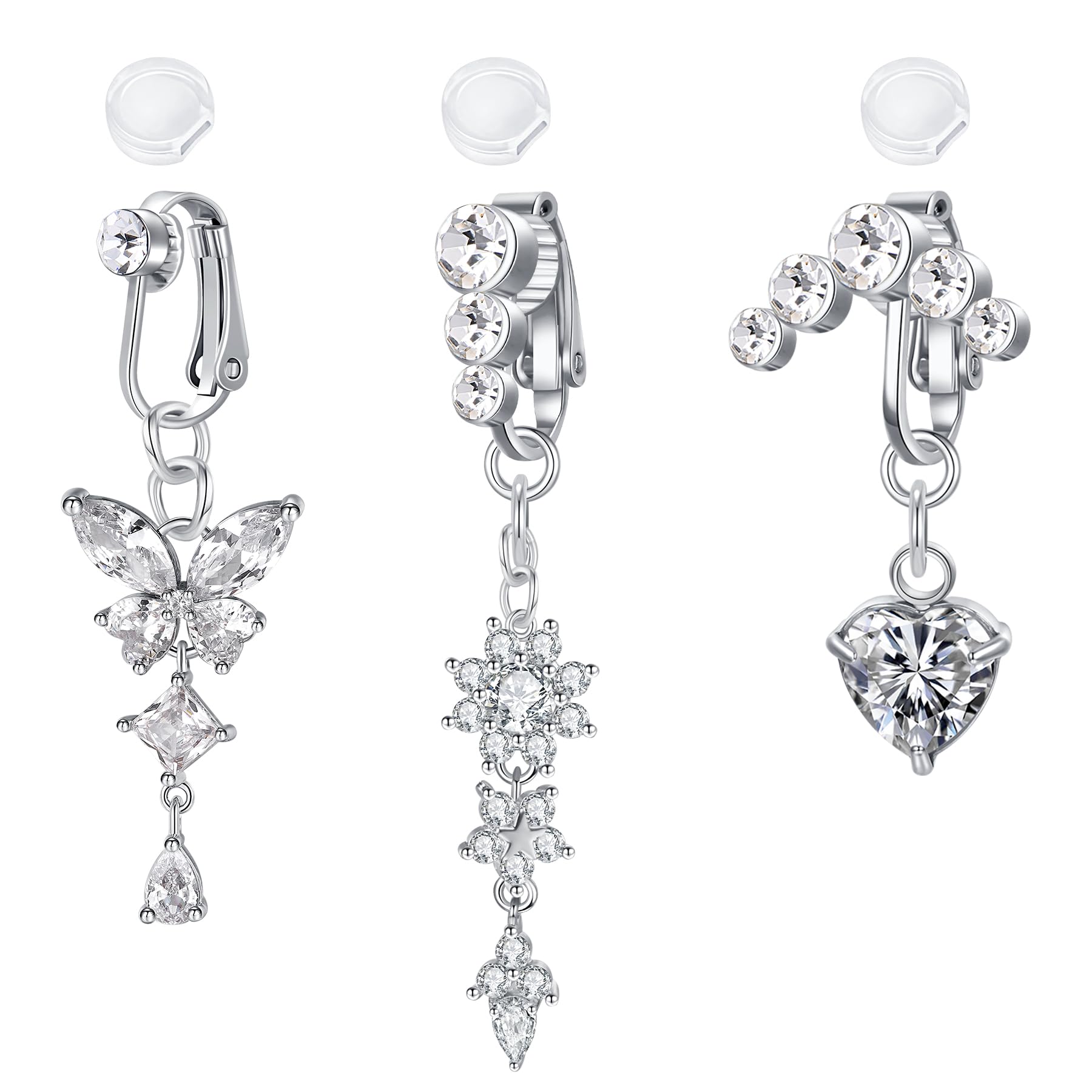 Funseedrr Fake Bauchnabelpiercing Clip Nabel Faux Piercing bauchnabel für Frauen CZ mit Anhänger Blumen Herz Schmetterling