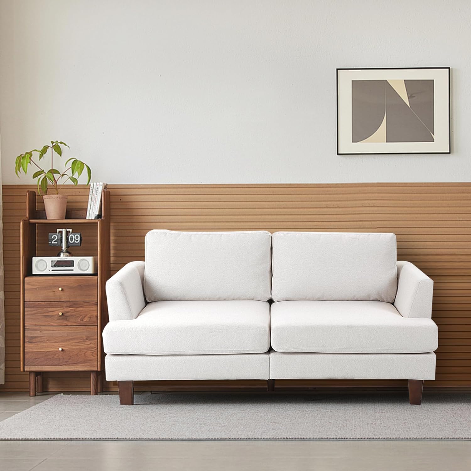 65" W Loveseat Sofa, Mid Century Modern Couches for Living Room, Small Couch Linen Fabric for Bedroom, 2 Seat Love Seat Sofa with Solid Wood Legs, Beige