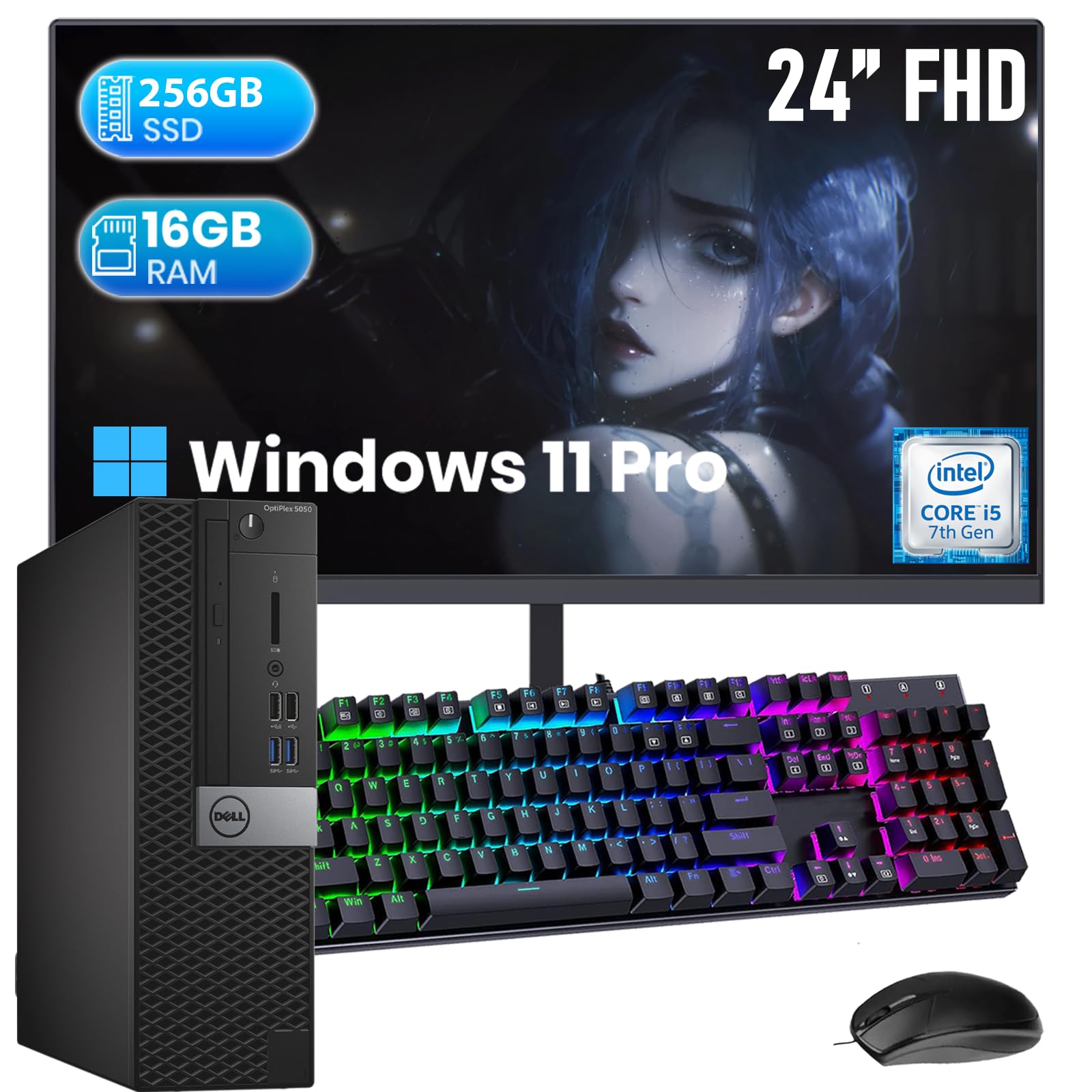 Dell Optiplex 5050 SFF Computer with 24-inch 1080p Monitor Desktop PC, Core i5-7500 up to 3.8 GHz, 16 GB RAM, 256 GB SSD, WiFi, Bluetooth, Windows 11