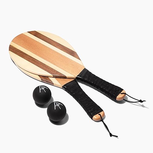 Miniatura 3 de Frescobol - Juego de palas prémium - 2 paletas de playa de madera natural + 2 bolas - Juego de pelota de remo hecho a mano (rayas brasileñas)