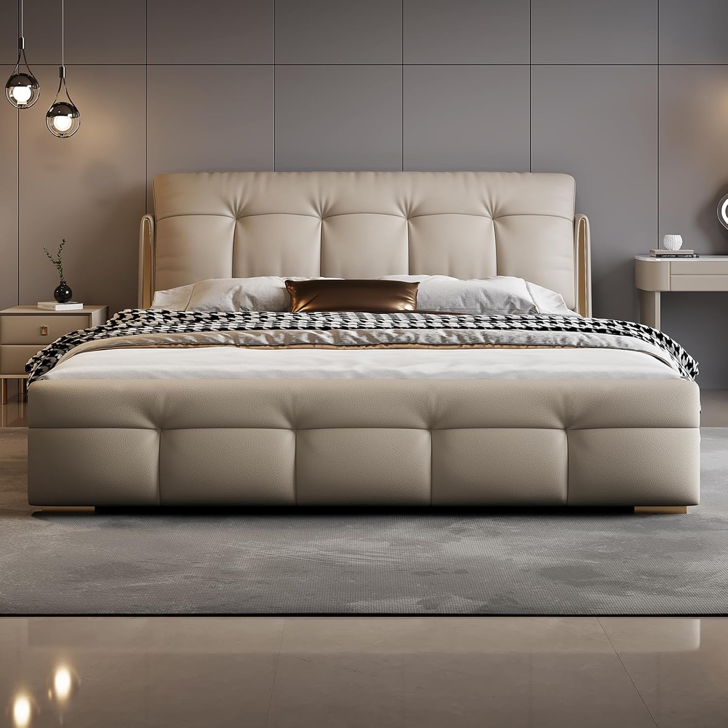 Modern Light Luxury Full Size Bed Frame, Upholstered Platform Bed Ergonomic Upholstered Headboard, Noise-Free