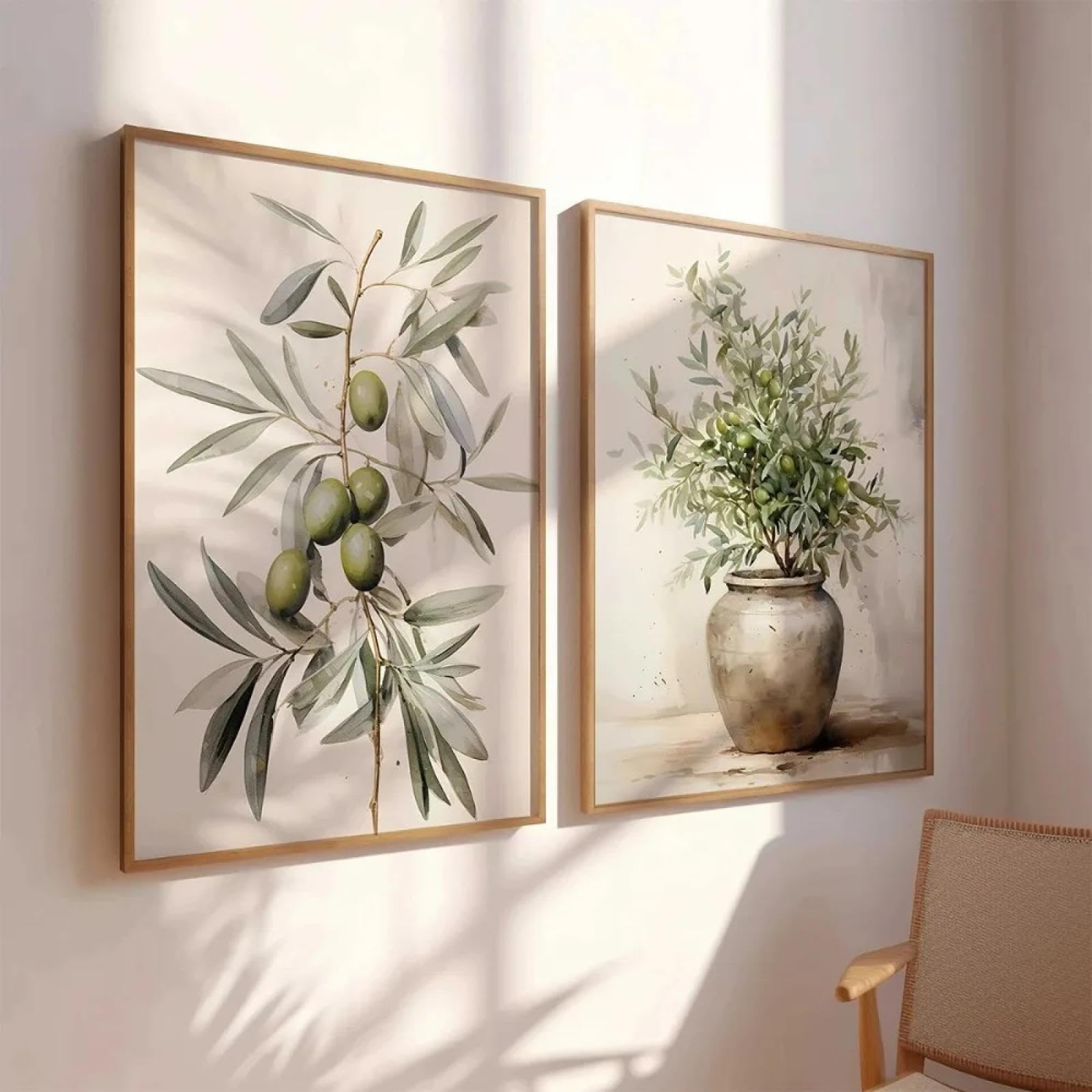LTjiajuypd Affiche vintage aquarelle avec branches d'olivier, style bohème, botanique, impression sur toile, décoration printanière, 60 x 90 cm, lot de 2, sans cadre