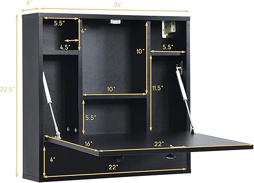 Miniatura 12 de Tangkula Escritorio montado en la pared, escritorio flotante neumático para laptop con mesa plegable magnética, mesa de pared que ahorra espacio con