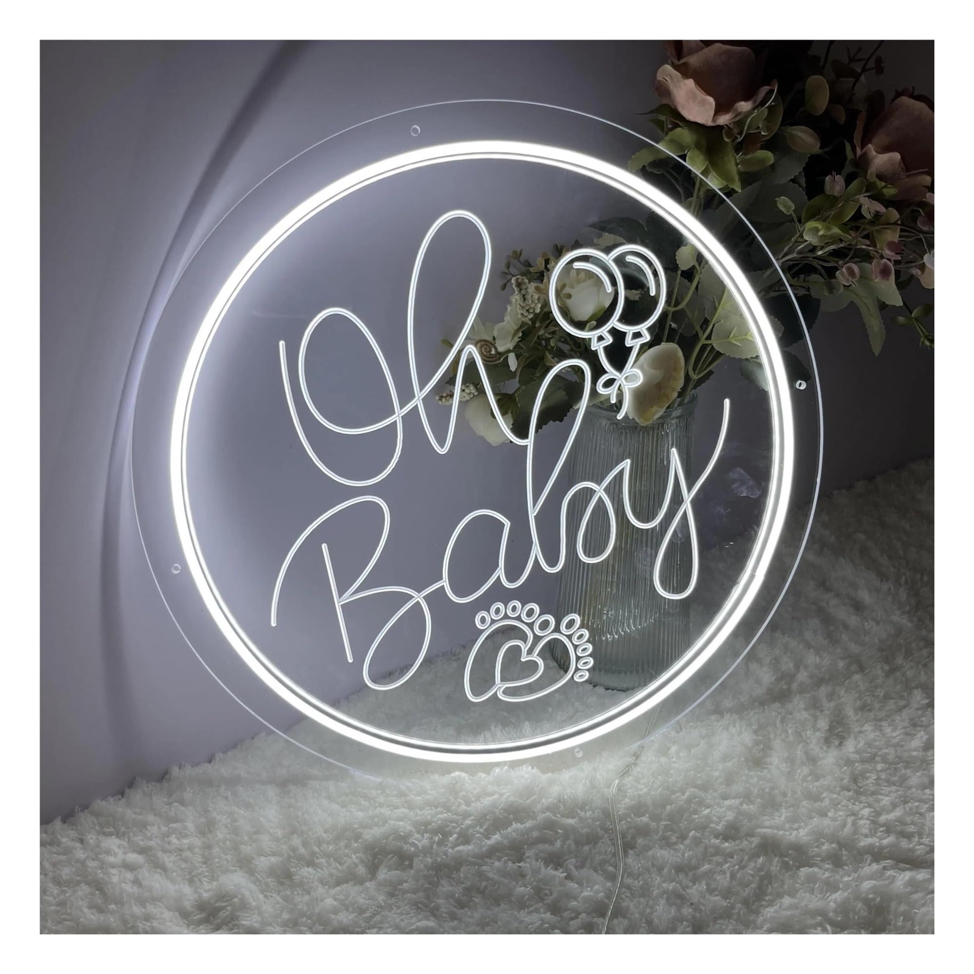 SHOUXI Sign Lamp 12 Colors Oh Baby Neon Sign Carve Personlity LED Lights for Wedding Room Aesthetic Wall Decoration Lamps 35cmх35cm(White)