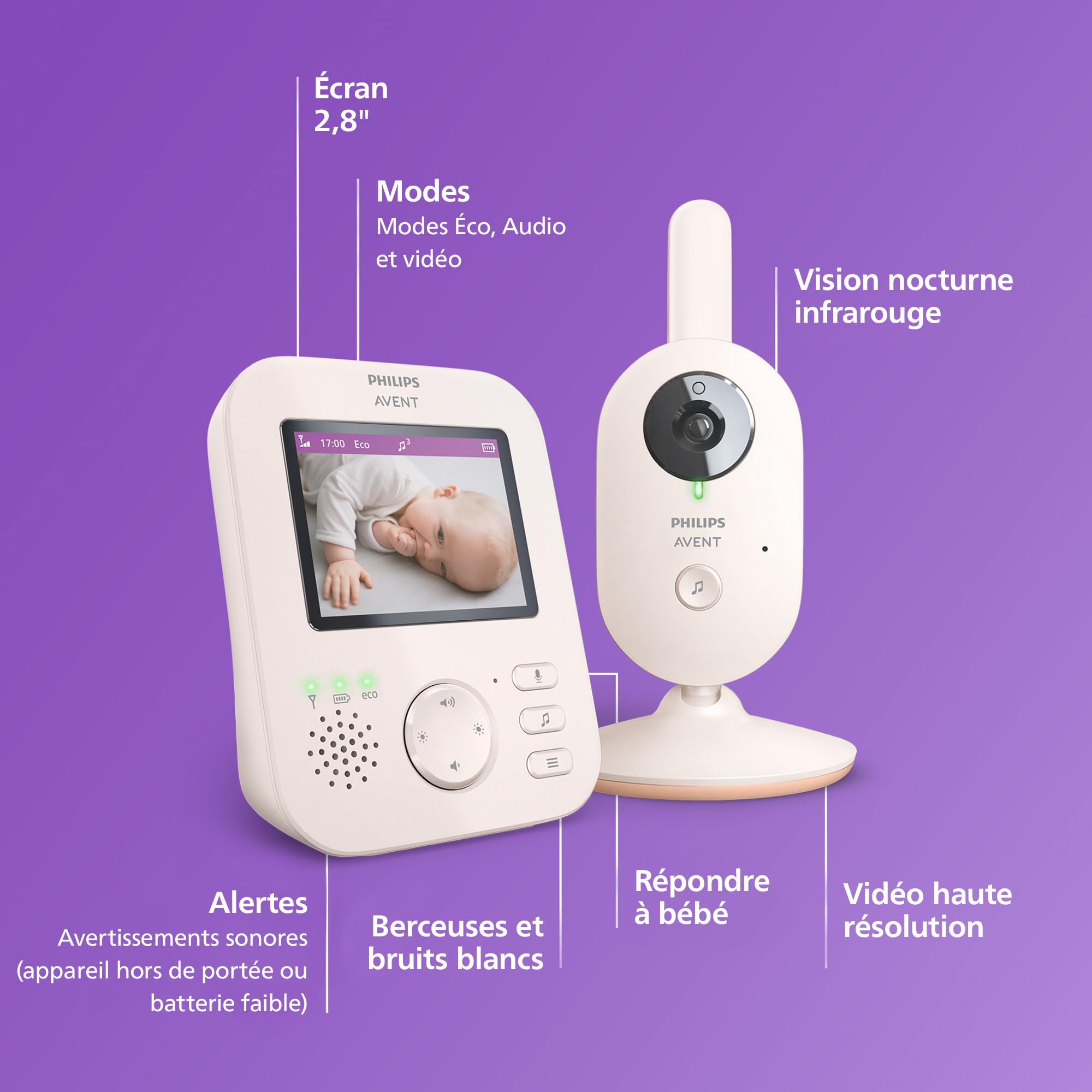 AVENT Philips Babyphone vidéo Advanced, Certifié DEKRA, 100% privé et sécurisé avec caméra et Audio, Corail/crème, écran de 2,8", Zoom x 2, Vision Nocturne, Audio bidirectionnel, berceuses, SCD881/26
