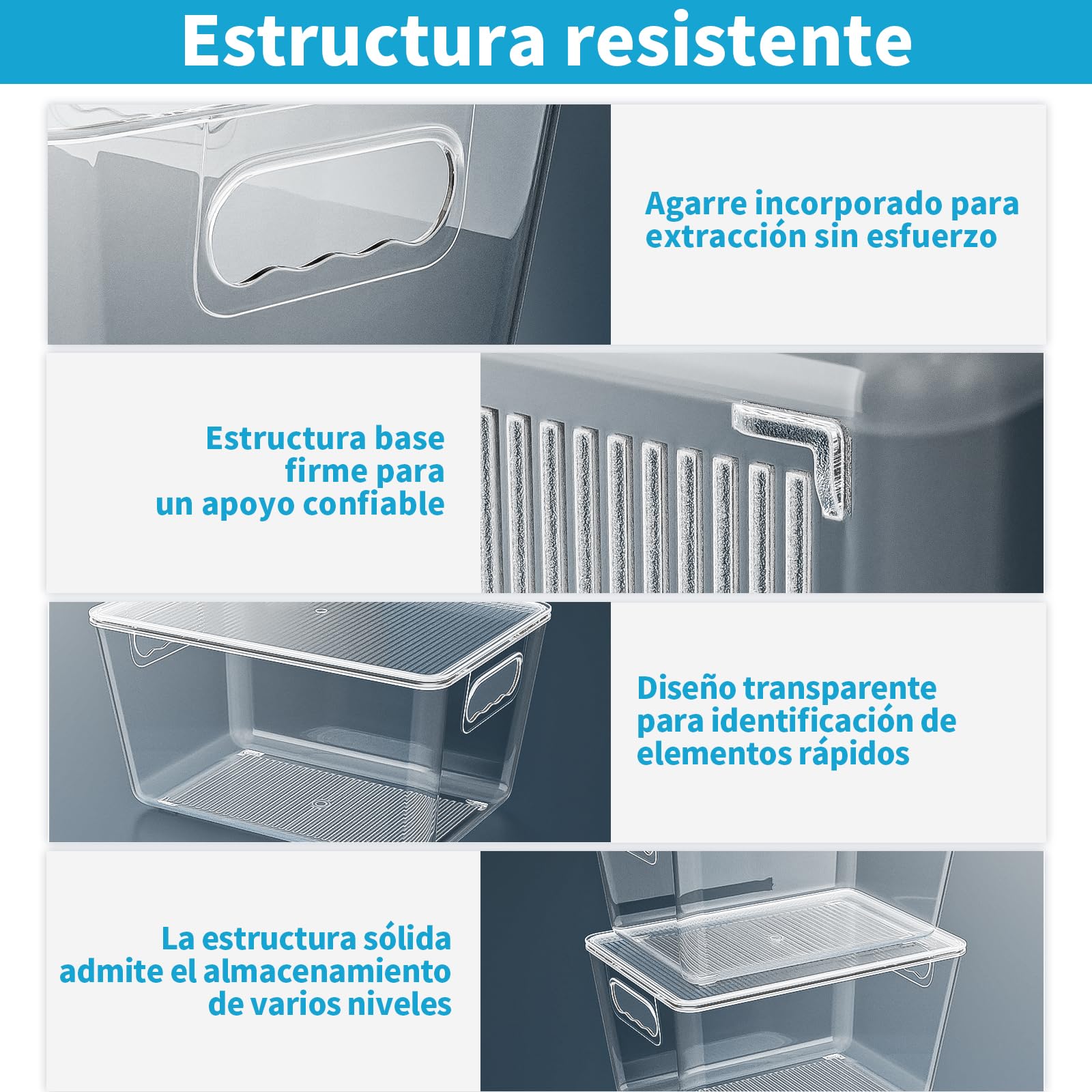 Paquete de 6 contenedores de almacenamiento transparentes con tapa, apilables y con asas fáciles de agarrar para armarios de cocina, despensa, refrigerador y congelador