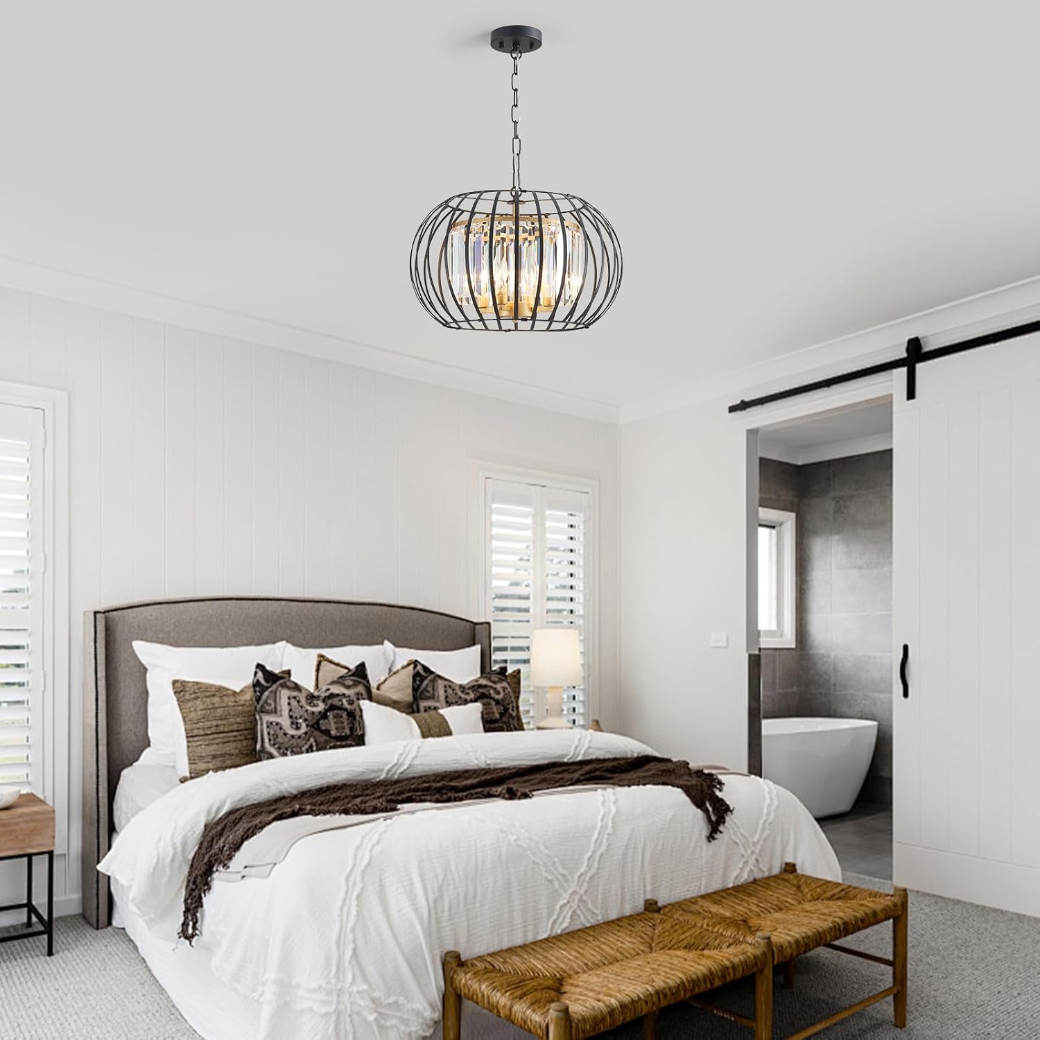 17.7" Modern Crystal Chandelier Black and Gold Drum Pendant Lighting Fixture Round Rustic Metal Shade 4-Light for Dining Room Living Room Bedroom Hallway