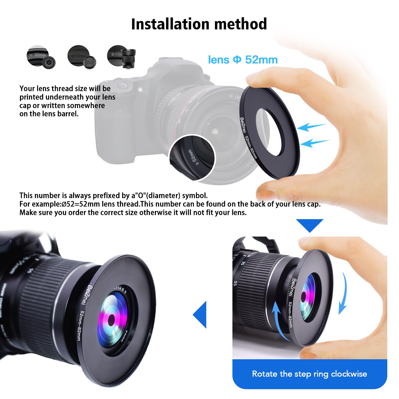 filtro Adattatore da 52mm a 82mm Compatibile con tutte 52mm le Obiettivo a 82mm UV,ND,CPL,filtro,52mm lens to 82mm fotocamera Filtro (52-82mm) - 4