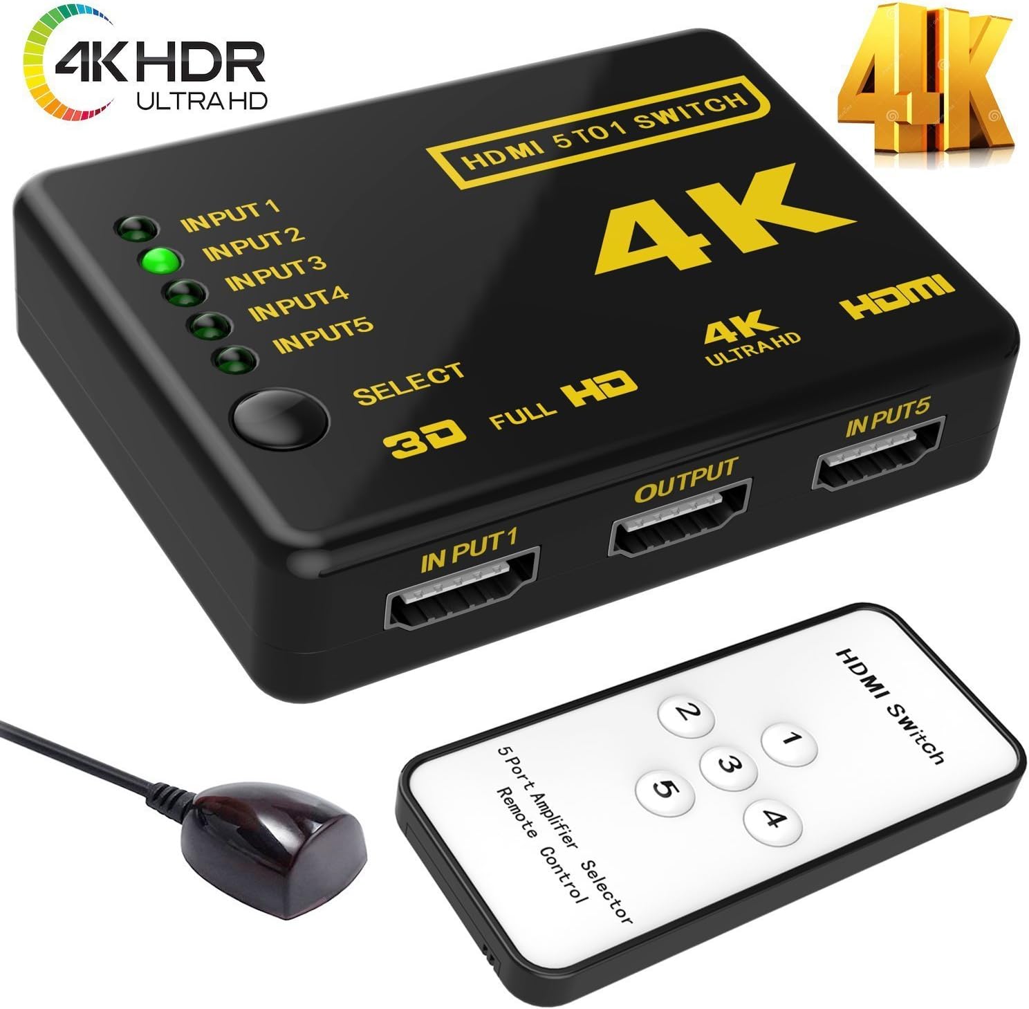 HDMI Switch 4k, Goodlucking Intelligent 5-Port HDMI Switch splitter switcher Supports 4K, Full HD1080p, 3D with IR Remote