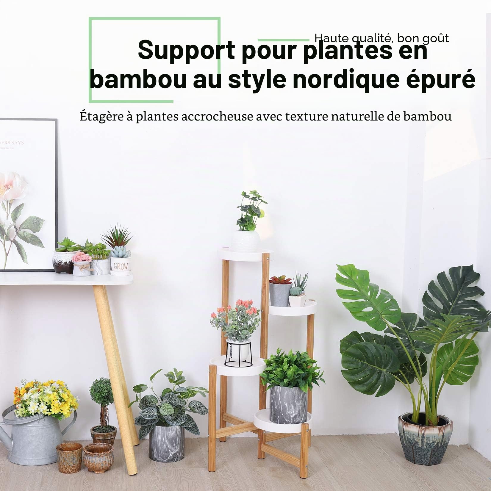 unho Porte Plante en Bambou, Etagère Plantes à 4 Niveaux Escalier Plantes sur Pieds Intérieur Extérieur pour Salon Balcon Jardin Bureau, Blanc Charge Maximale 10kg*4
