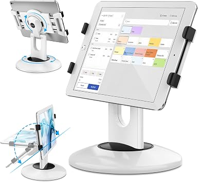 Tablet Stand, 360 Degree Rotation, 180 Degree Adjustment, Tablet Stand, AboveTEK iPad Holder, Width 6.6 - 9.4 inches 168 - 240 mm, White for POS Register, Tabletop, Portrait Use, Commercial Use, Restaurant, Adjustable Width, Medium and Large Holder Included Compatible with iPad, Android, Windows Surface, MediaPad