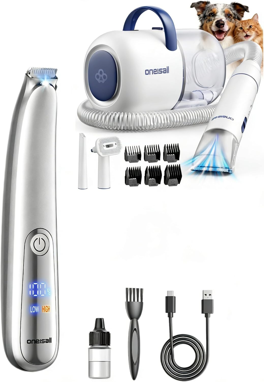 oneisall Dog Grooming Vacuum - 15000Pa Suction and 2-Speed Dog Paw Trimmer