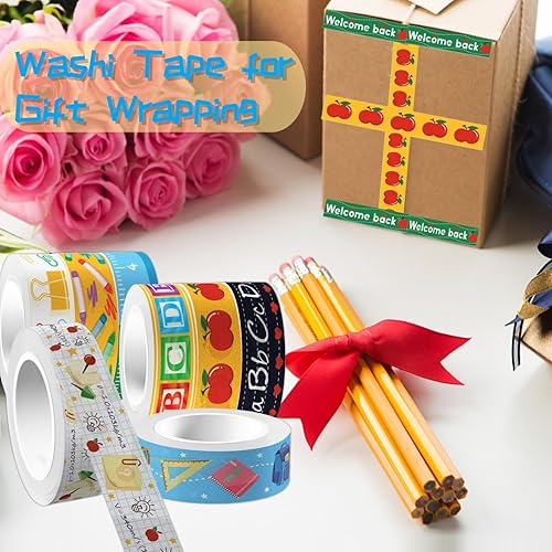 Miniatura 5 de HLARTNET Cinta adhesiva Washi para el regreso a clases, 12 rollos de cinta adhesiva colorida Washi para el primer día de escuela, calcomanías de