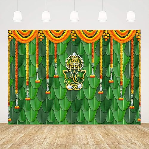 Ticuenicoa India Pooja - Telón de fondo tradicional de 7 x 5 pies, hojas de plátano, color verde, Chatiya Ganesh, fondo de fotografía de Puja