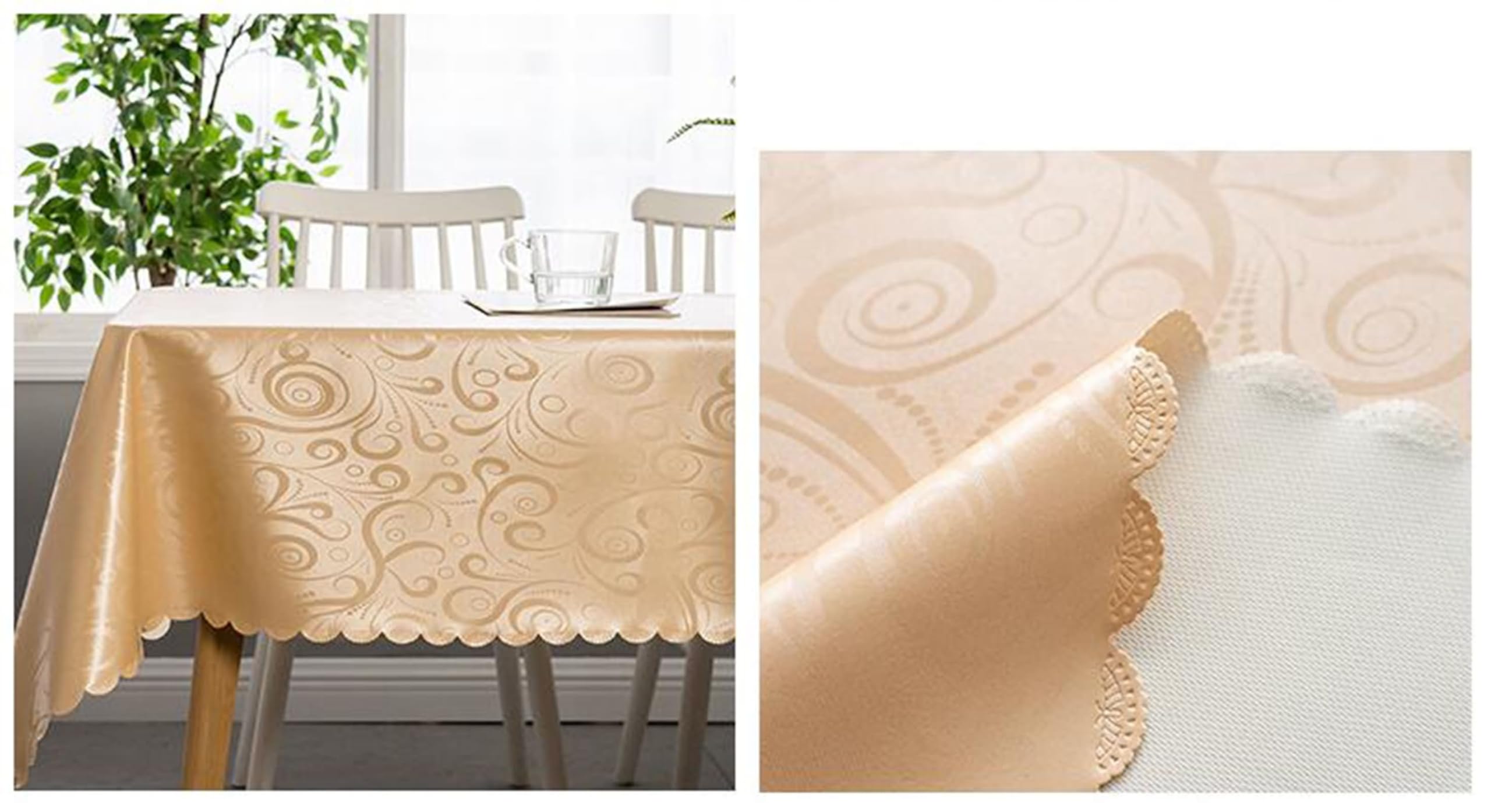 Gualiy Tischdecke PVC Rund, Tischtuch 160 Tischdecke Fleckenabweisend Blattmuster Tischdecke für die Küche, Champagner