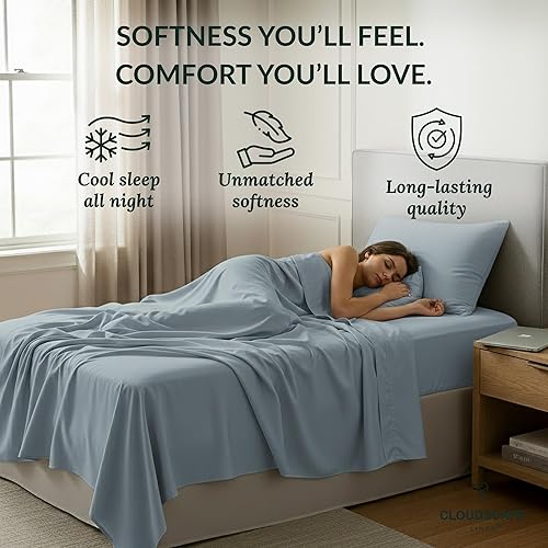 Miniatura 4 de Cloud Scape Linen - Sábanas 100% de algodón egipcio tamaño individual, juego de 3 piezas de ropa de cama de lujo, 400 hilos, calidad de hotel,