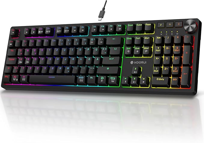 KOORUI Teclado para juegos, teclado mecánico QWERTZ diseño alemán 104 teclas 26 retroiluminación RGB teclado para juegos con cable para Windows MacOS Linux interruptor azul