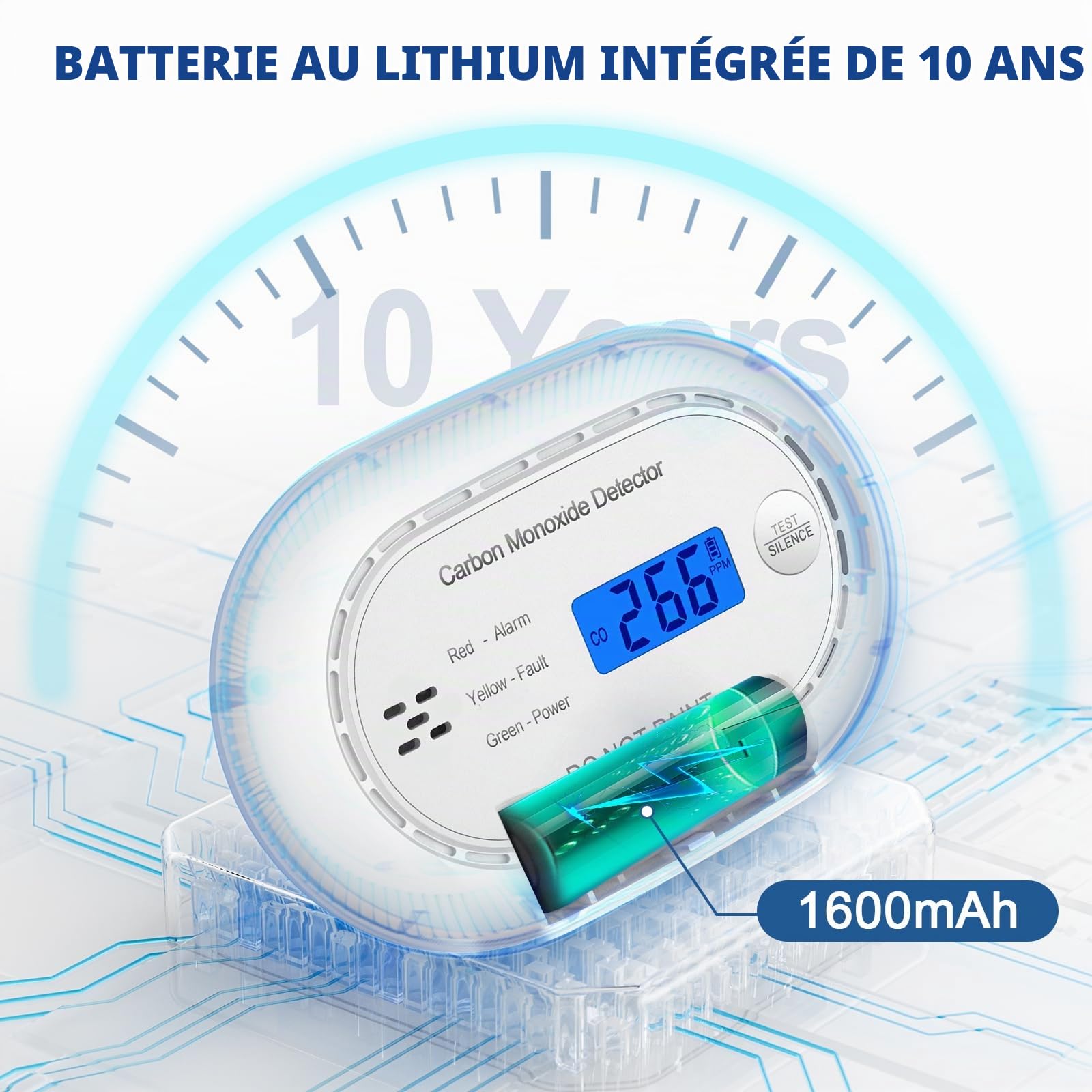 Détecteur de monoxyde de carbone avec écran numérique LCD, alarme de CO certifiée CE avec batterie scellée en 10 ans, détecteur de CO sonore autonome pour la maison, noir, 1 paquet