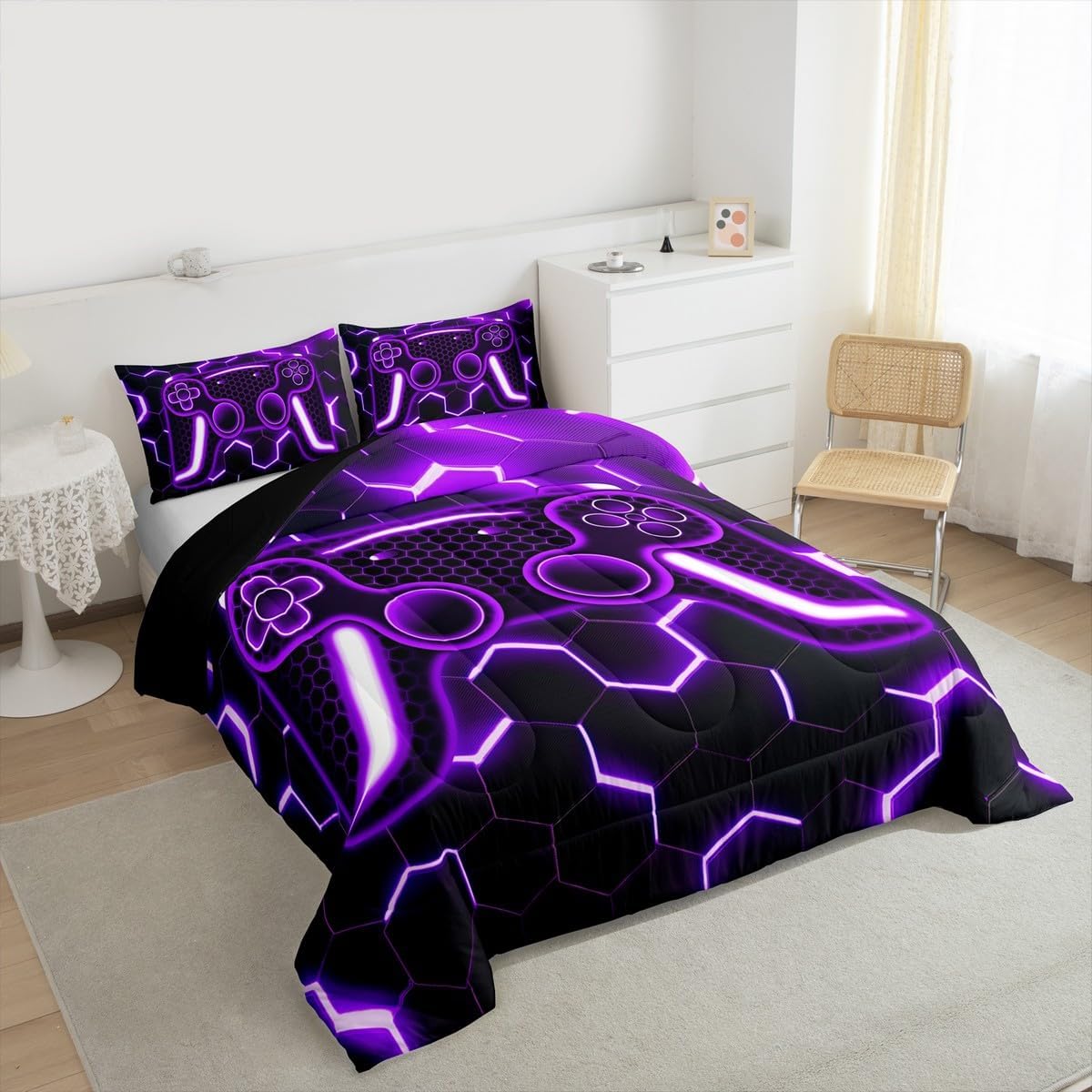 Erosebridal Boys Gaming Full Comforter Sets Gamer Bedding Set Purple Gamepad Honeycomb Quilt for Kids Gitls Teens Adult Bedroom Decor, Video Game Console Duvet Insert with 2 Pillow Cases