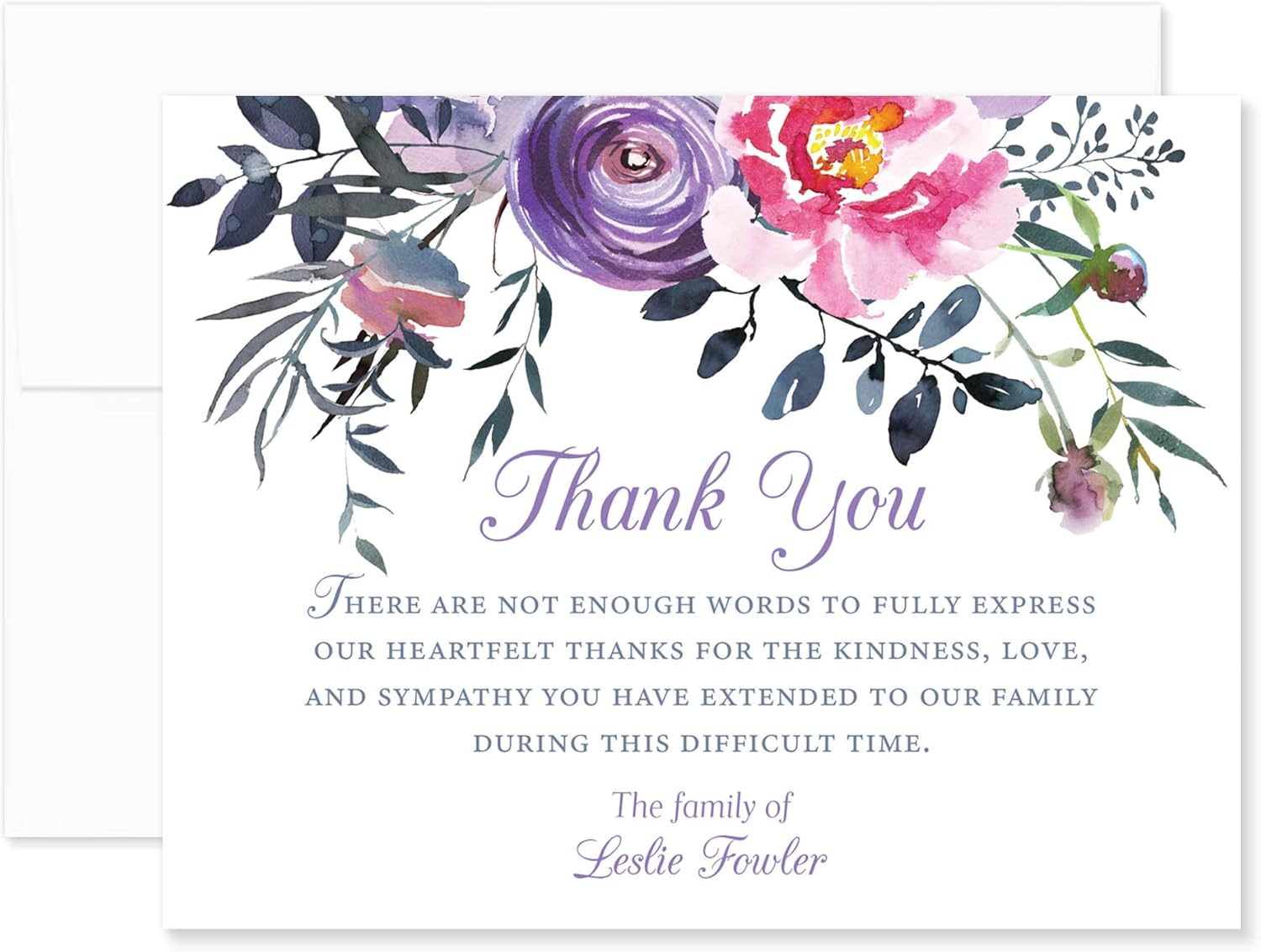 Sympathy Thank You Acknowledgement Cards, Personalized Pink and Purple Flowers Funeral Thank You Cards, 5.5x4.25 Flat Bereavement Notes with Envelopes