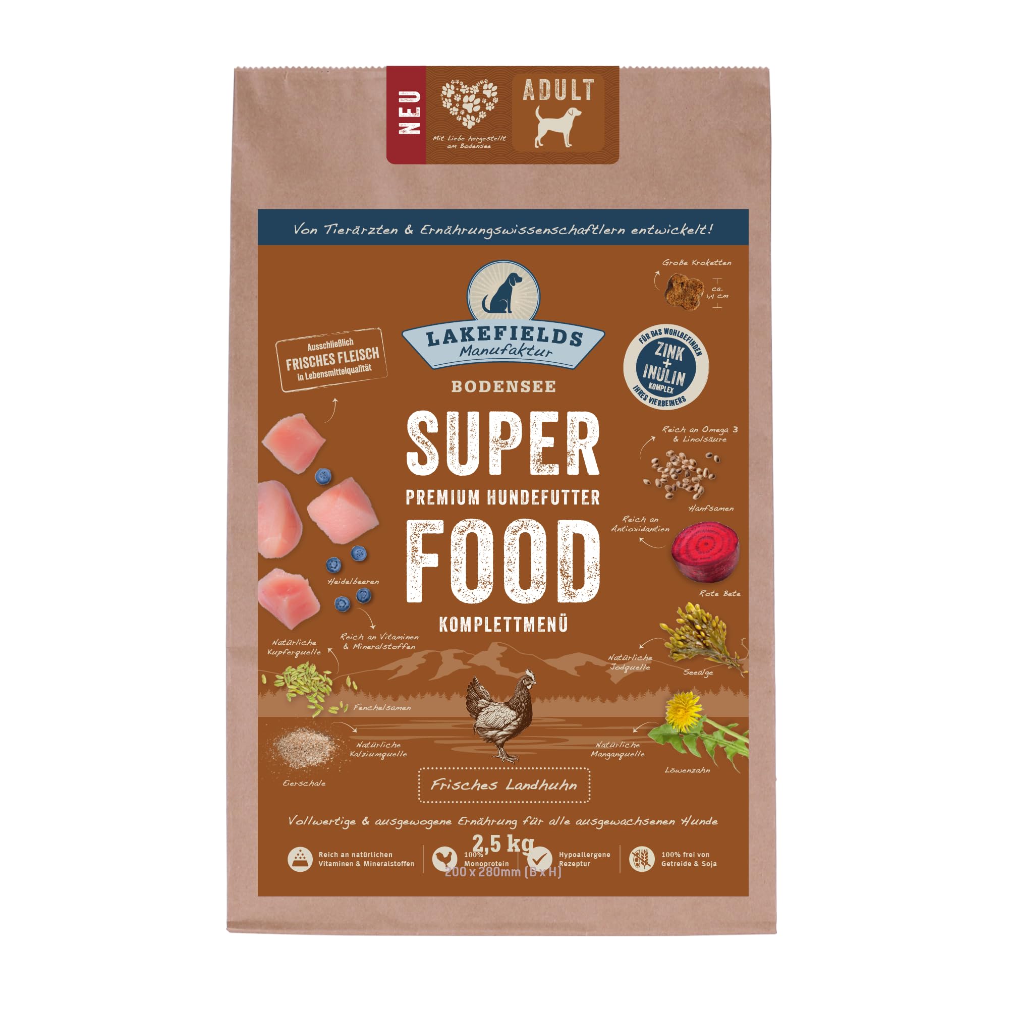Lakefields Premium Superfood kurczak, uczucie suchej karmy dla Twojego psa, wymiary: 4 x 2,5 kg