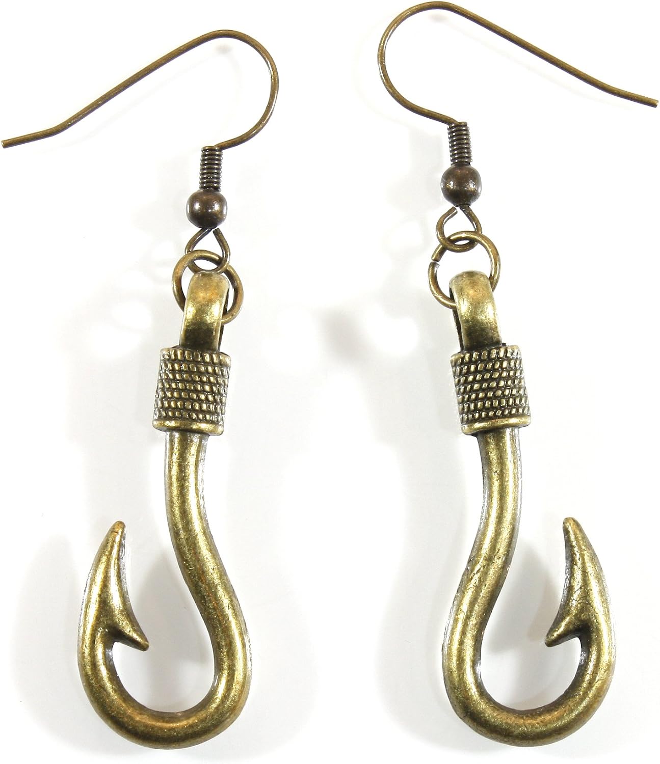 "Hooked" Antique Brass Color Fishing Hook Earrings, Dangle 2.25 Inches