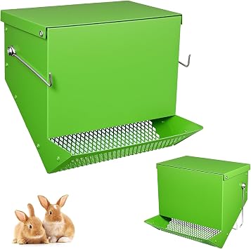 Rabbit Feeders Automatic for Cages,3.5 Pound Metal Trough Feeder with Lid Galvanized Steel Outdoor Bunny Food Dispenser for Rabbits Chicken Guinea Pig Pet and Other Small Animals Green