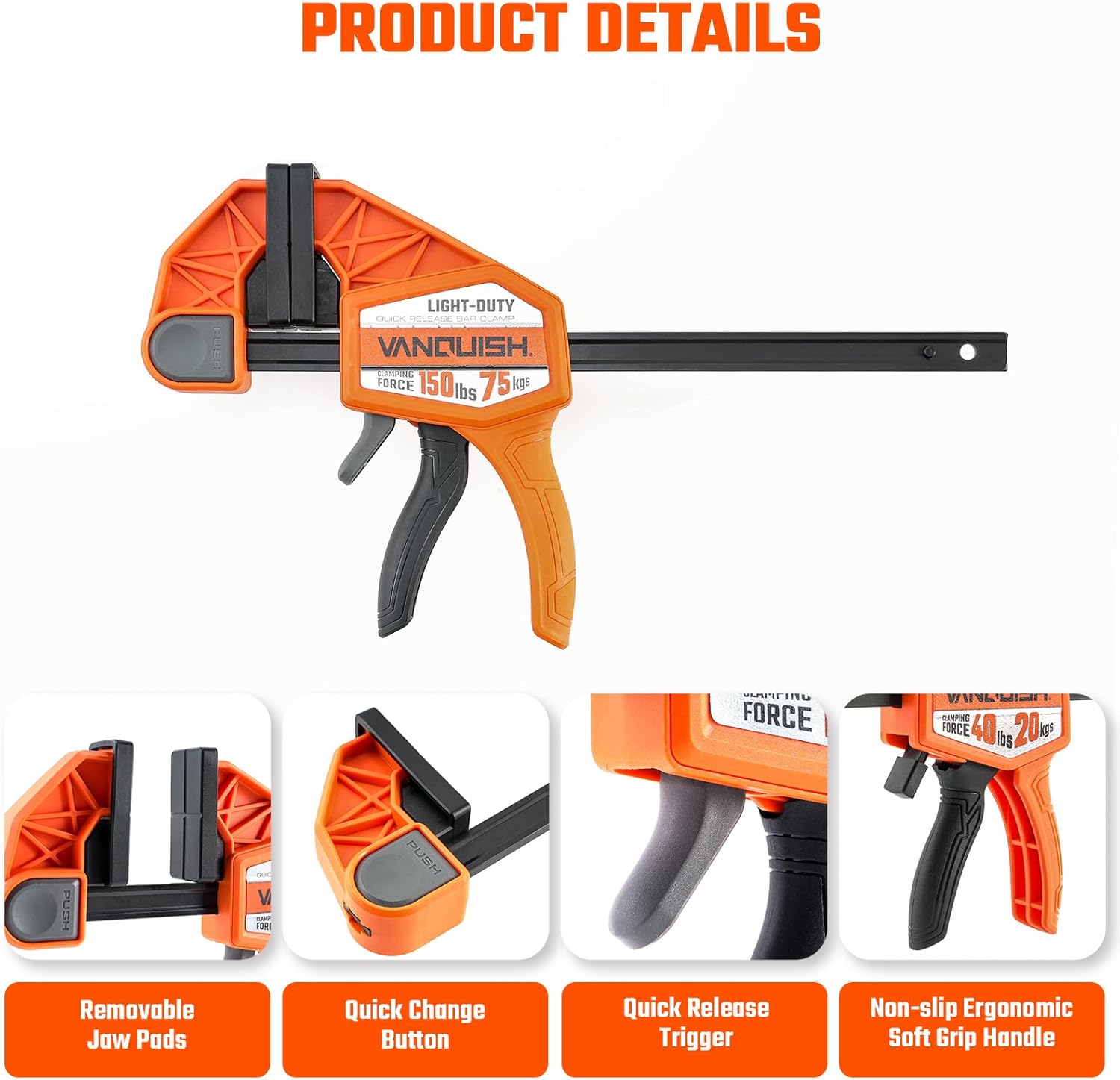 VANQUISH 4 Pack Quick Release Bar Clamps for Woodworking, One-Hand Quick Release Spreader/Clamp, Light Duty Wood Clamps Set with 150LBS Load Limit, 2-pack 6" & 2-pack 12", 3626