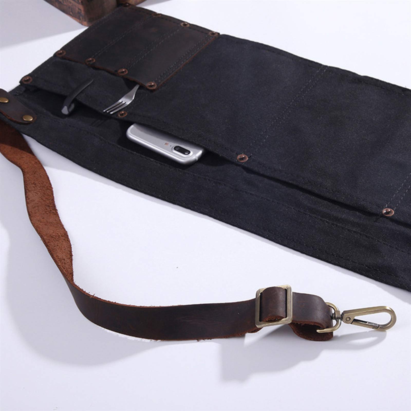 Lius Delantal Multibolsillos para Mujer Delantal de Medio Bolsillo de Lona de Cuero Real Camarera